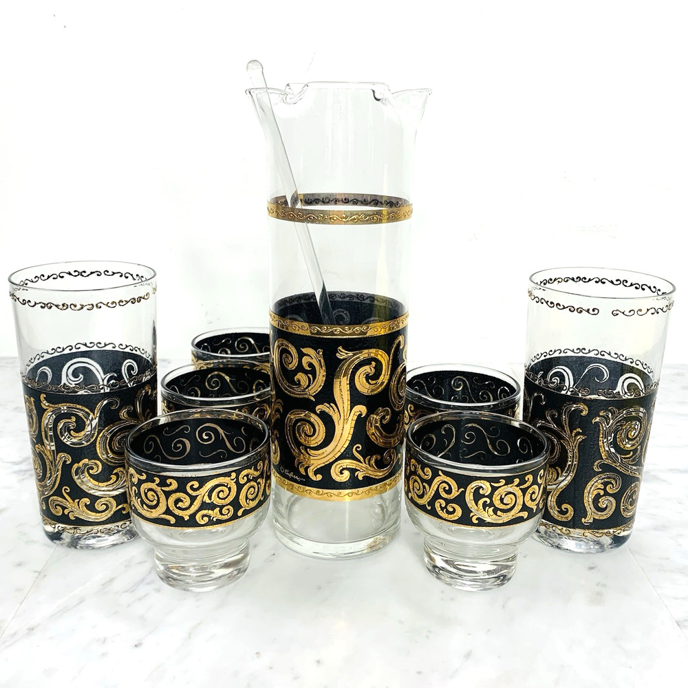 CULVER Baroque Set (8) Black Gold Pitcher w Stir 5 Footed Whiskey 2 Highball GUC